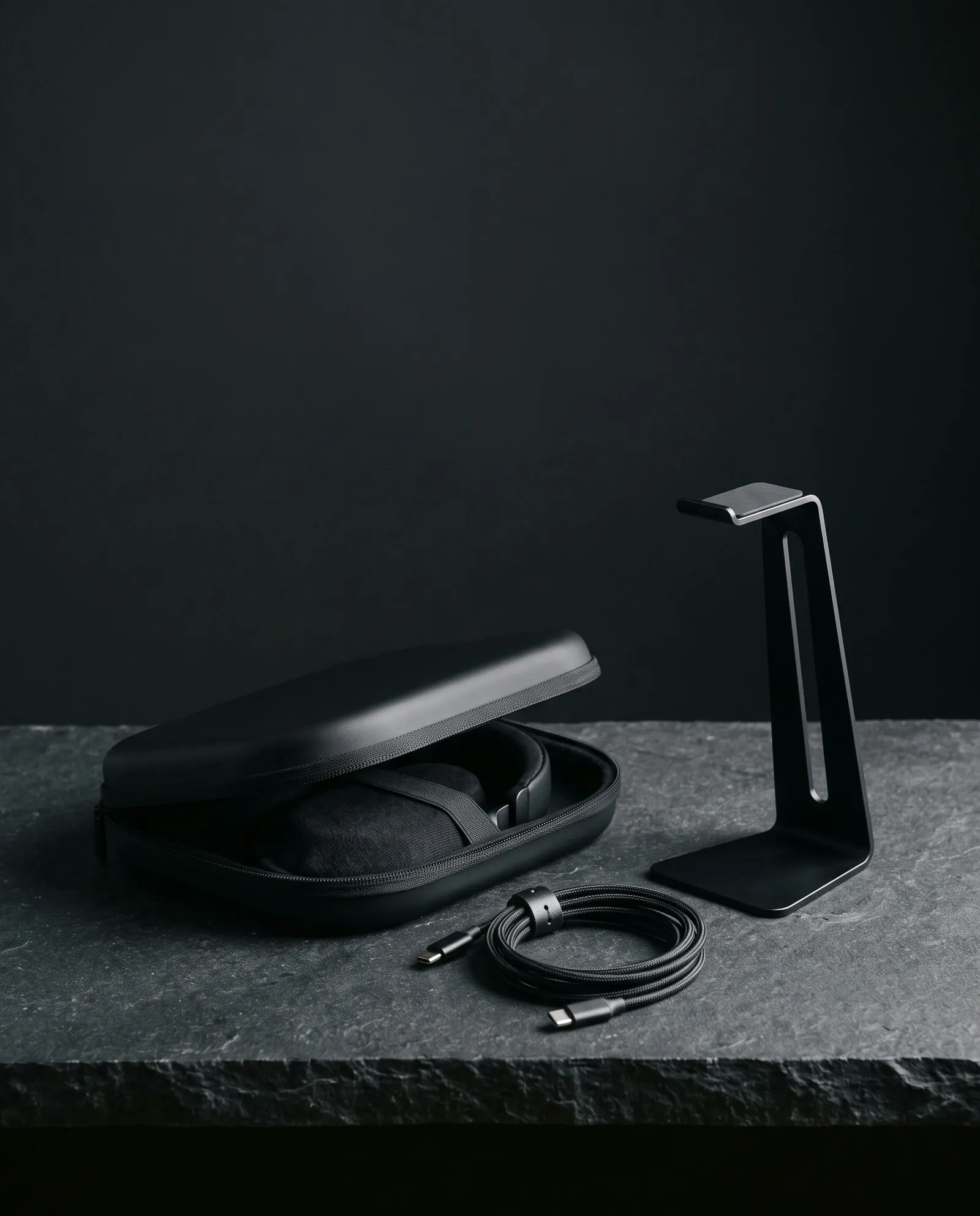 A strep. travel case, aluminium stand and braided cable on dark stone